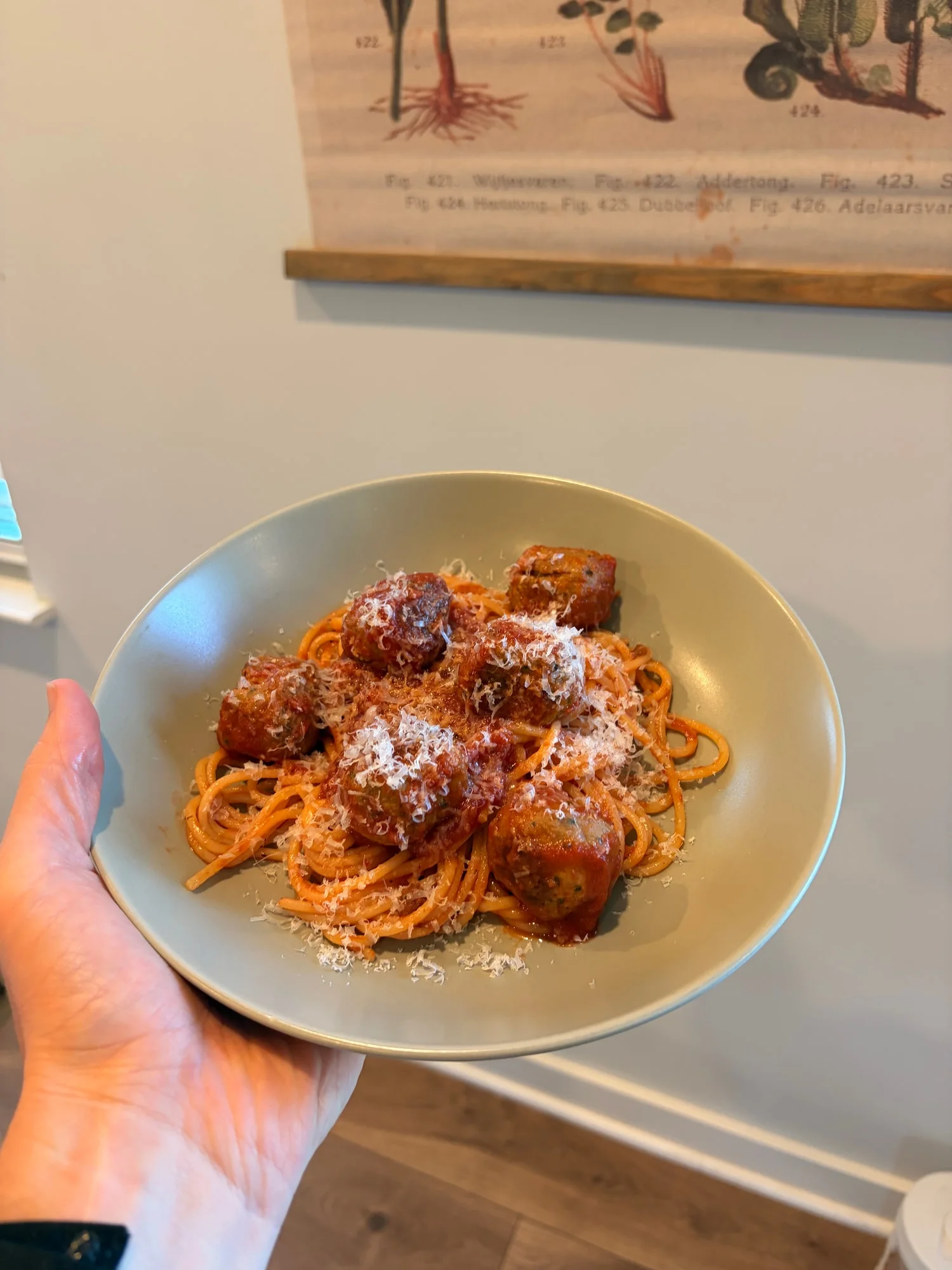 Spaghetti and chicken meatballs topped with parmesan